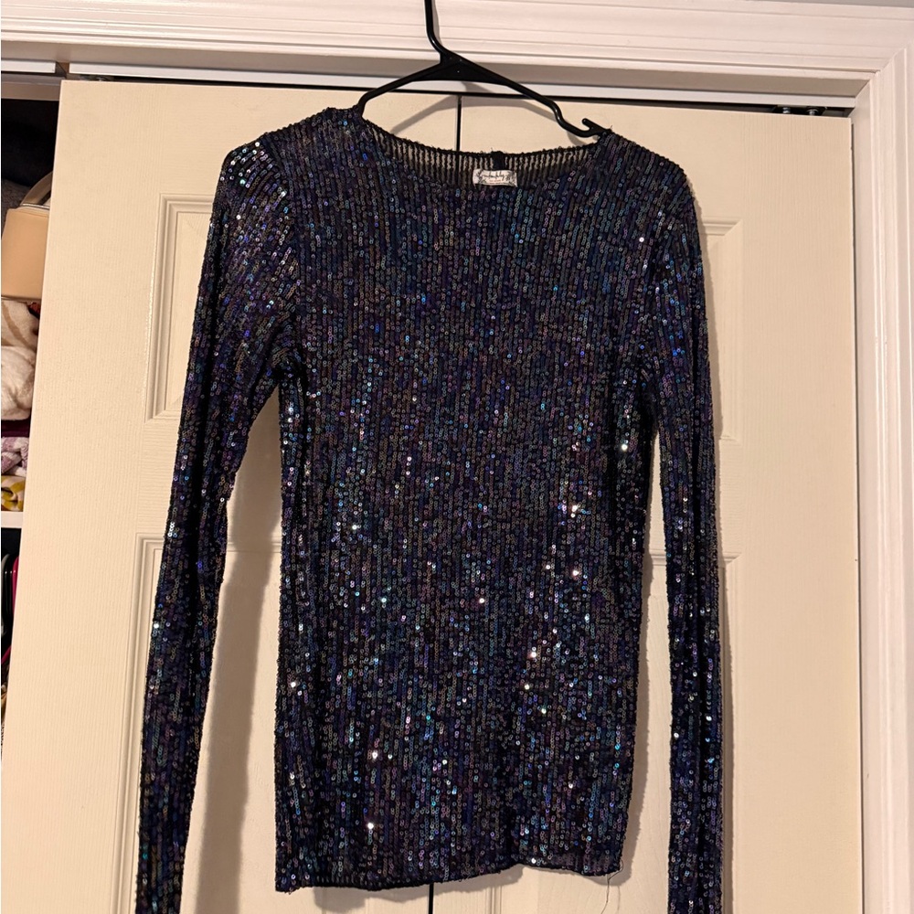 Free People Black Sequin Long Sleeve Top